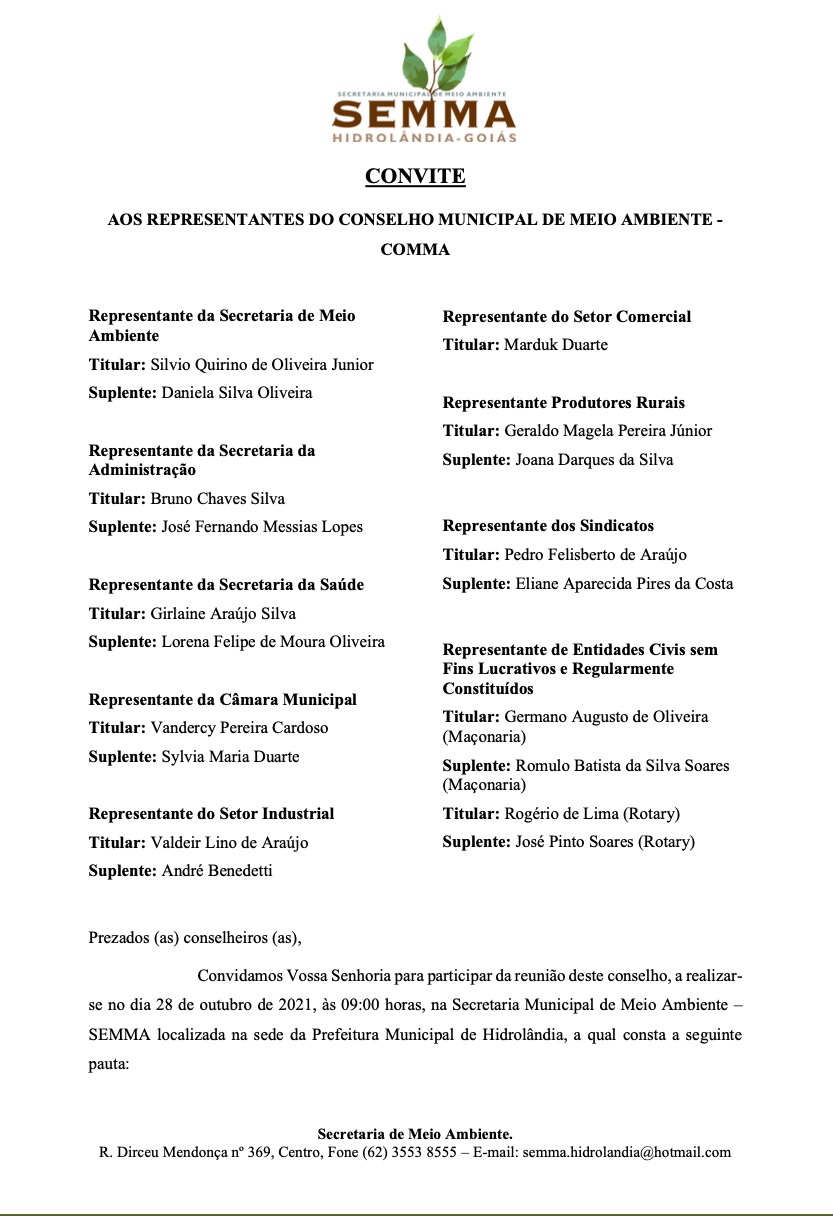 CONVITE AOS REPRESENTANTES DO CONSELHO MUNICIPAL DE MEIO AMBIENTE – COMMA